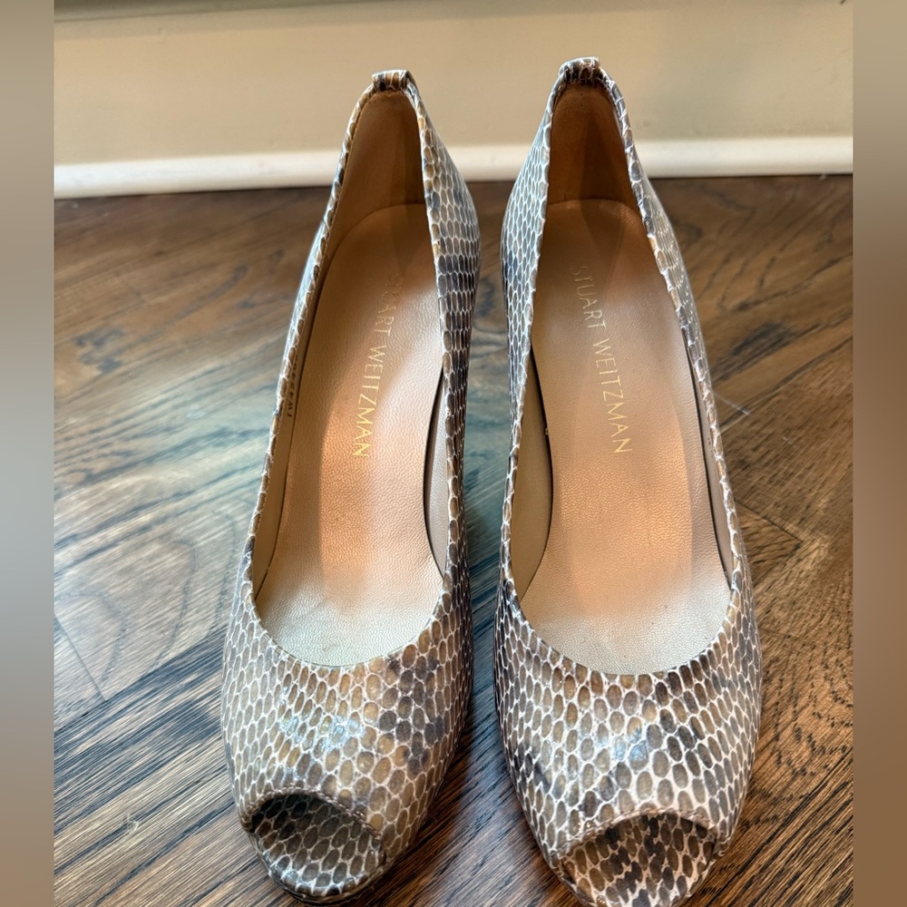 Stuart Weitzman Snakeskin Peep-Toe Heels
